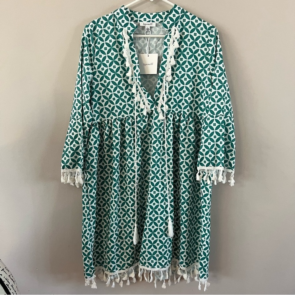 Ipponelli Tassel trim coverup tunic dress large Green white geometric print
